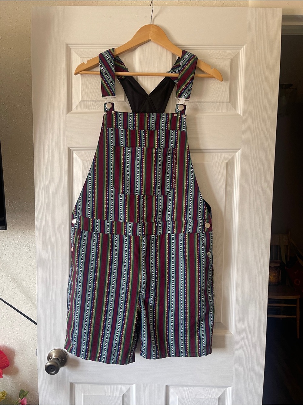Striped Multi-Color Women’s Jean Short Overalls - Green & Blue Stripe